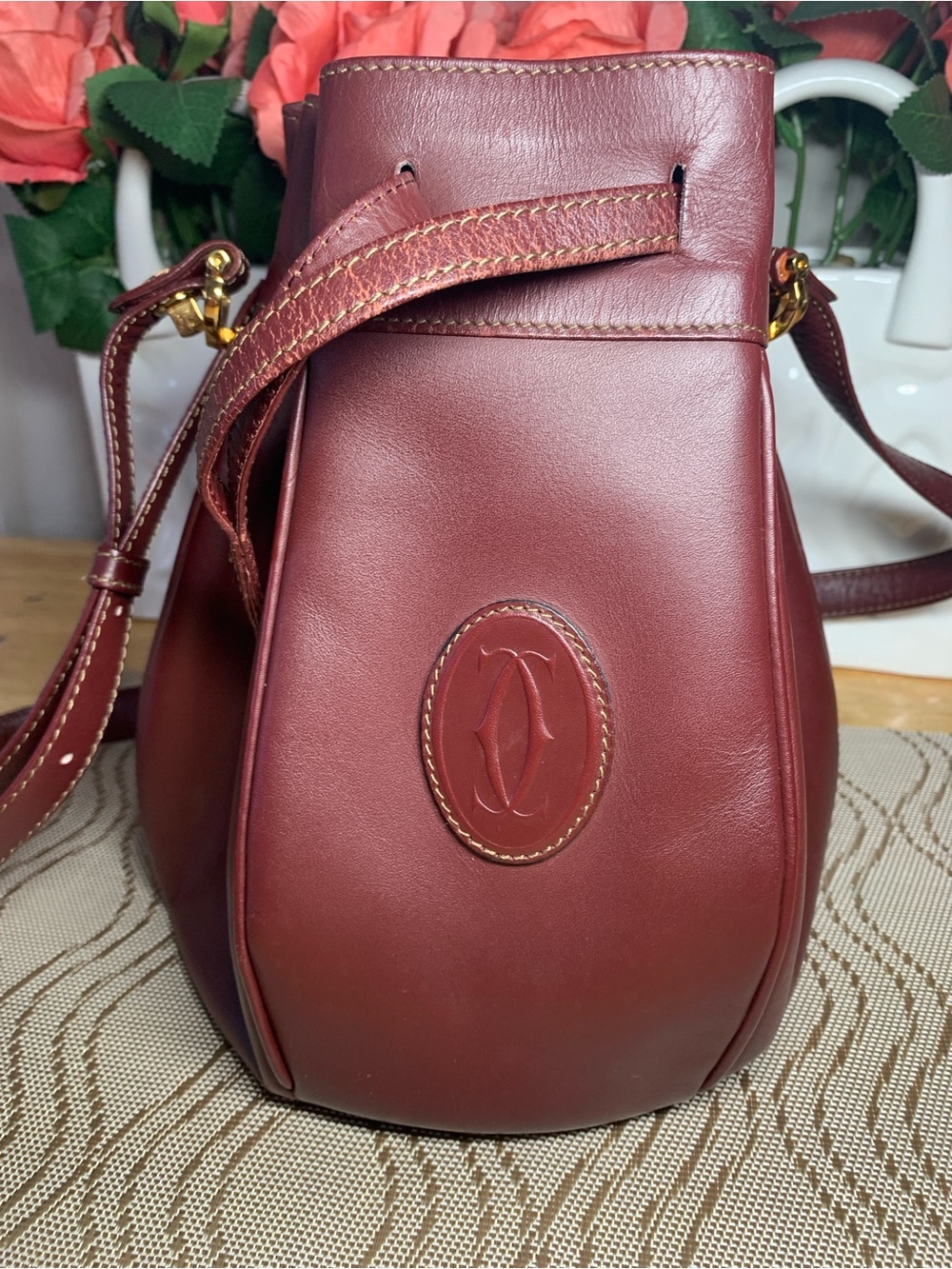 Cartier Burgundy Leather Shoulder Bucket Bag